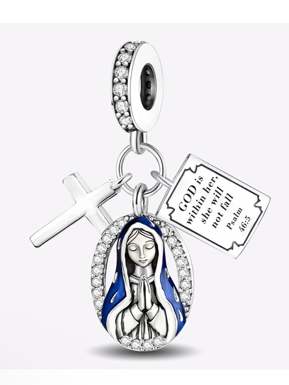 🙏 Sterling Silver Virgin Mary Cross Psalm 46:5 Dangle Charm